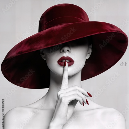 elegant woman in a large red hat with bold red lips and a mysterious pose, showcasing beauty and fashion in a striking monochrome style - AI Generated Digital Art