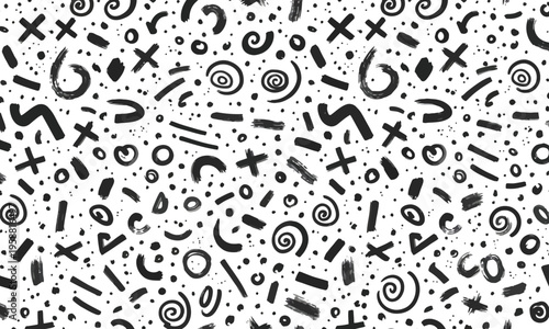 A black and white abstract pattern featuring various symbols and shapes