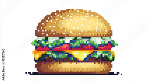 Classic 8-bit pixel art hamburger icon for fast food menus