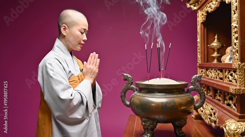 Buddhist Nun Lighting Incense in Temple.