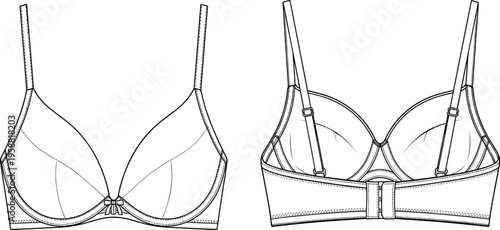 "Technical fashion flat drawing of bra design with underwire seam details, center bow accent, adjustable straps, hook-and-eye back closure for lingerie apparel illustration and garment 