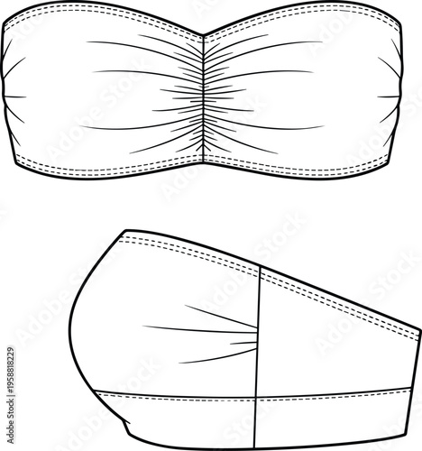 "Technical fashion flat drawing of strapless bandeau top design with ruched detailing, seam construction, front and side views for apparel illustration, garment manufacturing and 