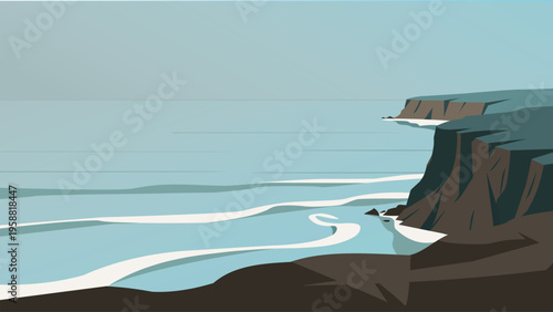 Minimalist Vector Landscape of Coastal Cliffs and Ocean Waves under a Cool Grey Sky. for design, background, banner.