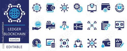 Enterprise ledger technology and decentralized web3 infrastructure blockchain flat icon set UI.
