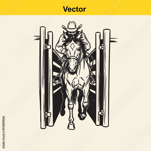 A black and white line art illustration of a cowboy riding a horse through a wooden gate entrance