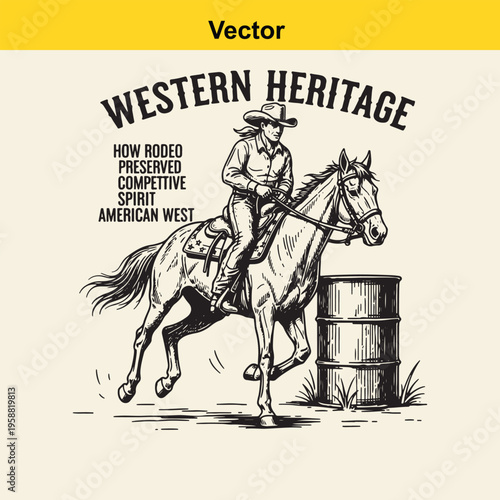 A vintage style illustration of a female barrel racer riding a horse in the american west rodeo