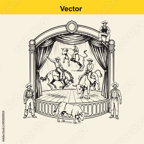 A vintage style black and white illustration of a wild west rodeo stage with cowboys and bulls