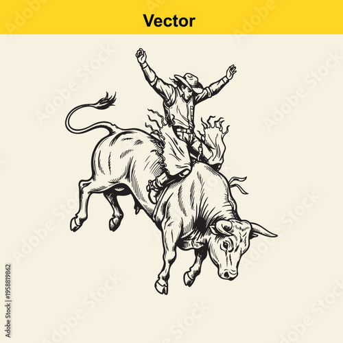 A black and white line art illustration featuring a determined cowboy riding a bucking rodeo bull