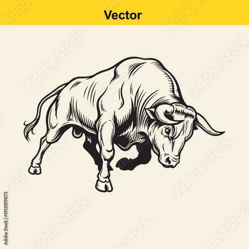 A detailed black and white vector illustration of an aggressive bull charging forward in profile