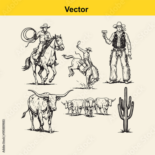 Collection of hand drawn illustrations featuring western cowboys and longhorn cattle in a desert