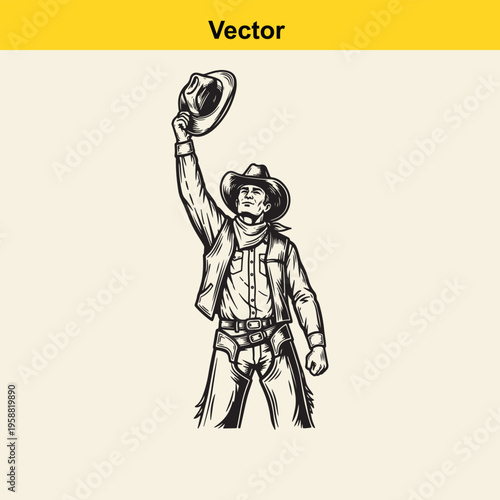 A black and white vector illustration of a friendly cowboy tipping his hat in a greeting gesture