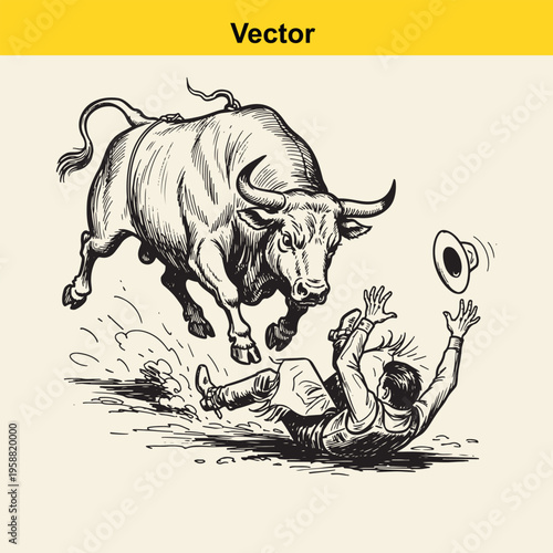 A vintage black and white illustration of a cowboy being bucked off by a powerful rodeo bull