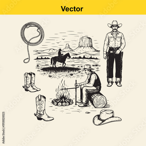 Vintage style western collection featuring cowboy elements and landscape scenes for rustic design