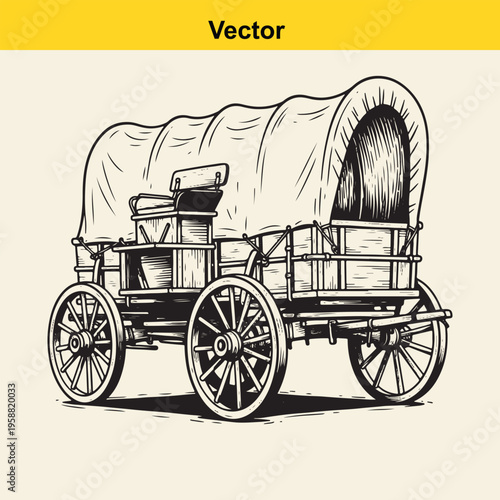 A detailed black and white line art illustration of a vintage wooden pioneer covered wagon vehicle