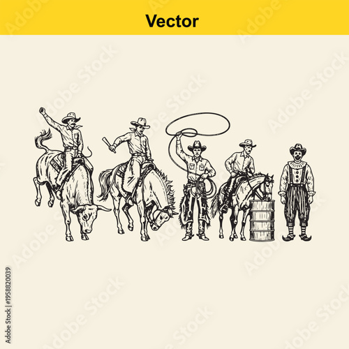 A collection of vintage western rodeo icons featuring cowboys riding bulls and horses with a clown