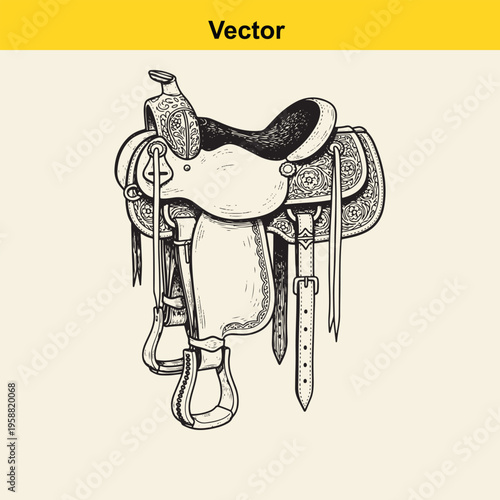 Detailed hand drawn illustration of a western style horse saddle with intricate floral tooling