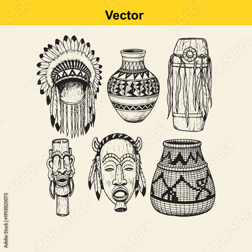 Set of hand drawn native american tribal artifacts including a war bonnet and traditional pottery