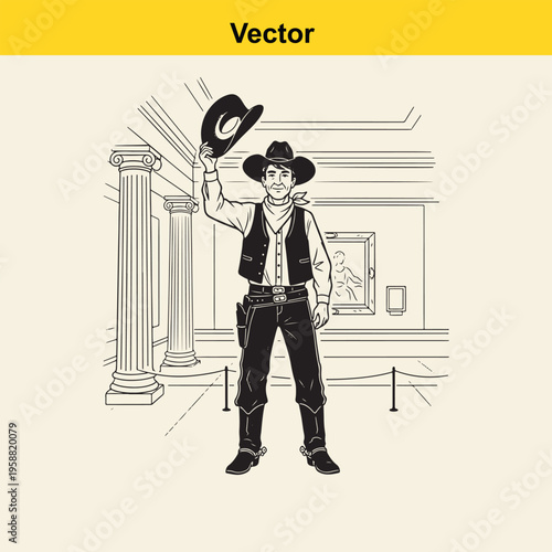 A black and white line art illustration of a polite cowboy tipping his hat inside a museum hall