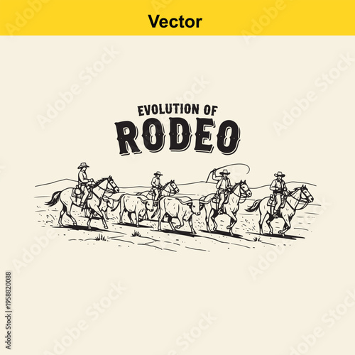 A vintage line art illustration showing the evolution of rodeo with cowboys and cattle in action