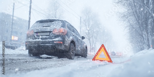 Slippery winter road, with traffic sign and warning about potential hazard for drivers.
