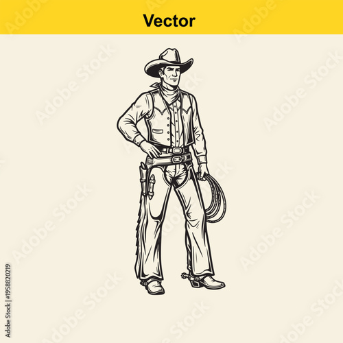 A detailed black and white line art illustration of a classic cowboy standing with his lasso rope