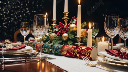 Elegant Christmas Dinner Table Setting with Candles and Festive Decorations.