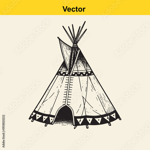 Hand drawn vector illustration of a traditional native american conical tent or teepee structure