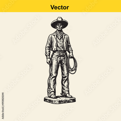 A detailed black and white vintage style illustration of a standing cowboy holding a coiled rope