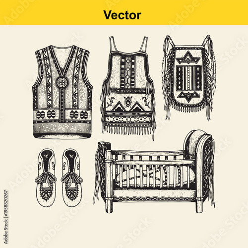 Set of hand drawn native american traditional clothing items and a wooden baby cradle illustration