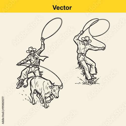 Black and white vector illustration of cowboys performing roping and riding stunts on a bull
