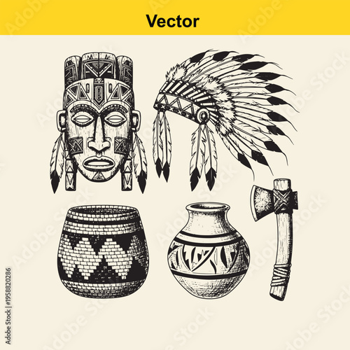 Set of hand drawn traditional native american icons featuring a mask headdress pottery and axe