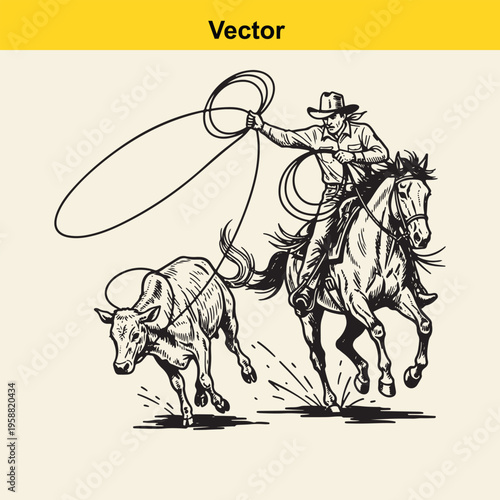 A black and white line art illustration of a cowboy riding a horse while roping a running calf