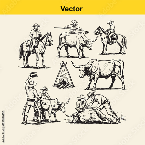 A collection of vintage hand drawn western illustrations featuring cowboys and longhorn cattle