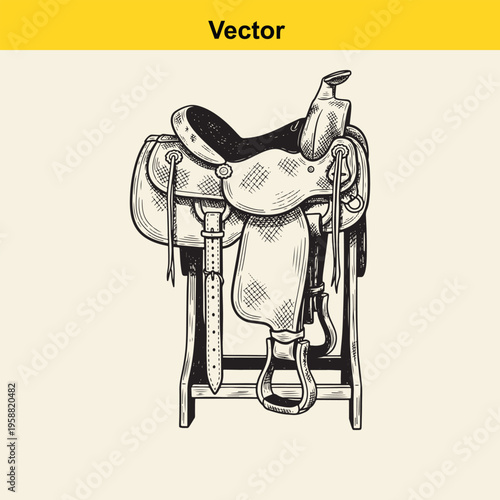 A detailed hand drawn illustration of a western horse saddle sitting on a wooden saddle stand