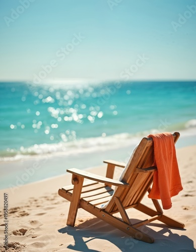 Wooden chair with orange towel sits on sandy beach. Sunlit ocean waves gently lap shore. Relaxing seascape, empty scene, calm day. Perfect spot for quiet rest.