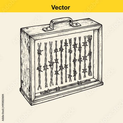 A vintage wooden display case containing a collection of various types of sharp barbed wire strands