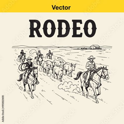 A vintage style black and white vector illustration showing cowboys herding cattle in a ranch
