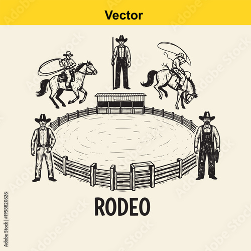 A vintage style hand drawn illustration of a rodeo arena with cowboys and bucking horses around