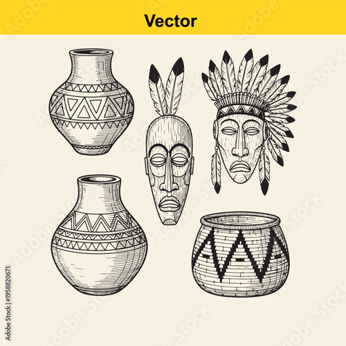 A collection of hand drawn tribal elements including decorative pottery vases and ritualistic masks