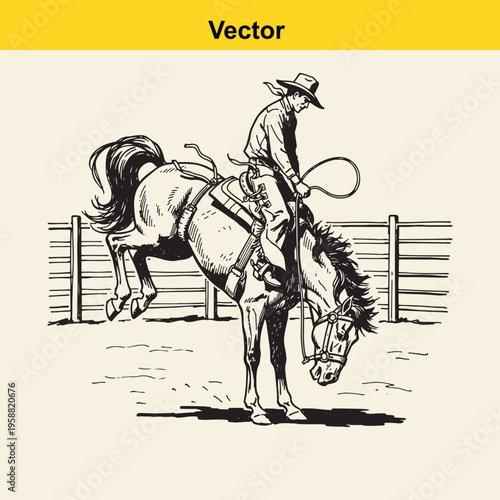 A black and white line art illustration of a professional cowboy riding a bucking rodeo bronco