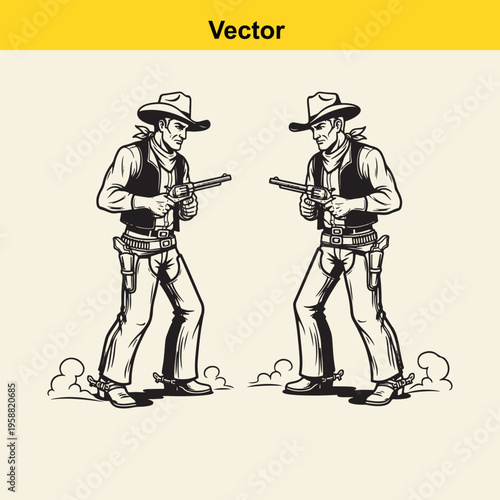 A detailed black and white vector illustration featuring two confrontational cowboys in a duel