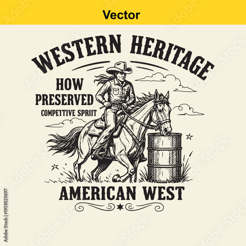 Vintage style illustration of a cowgirl riding a horse during a barrel racing western event