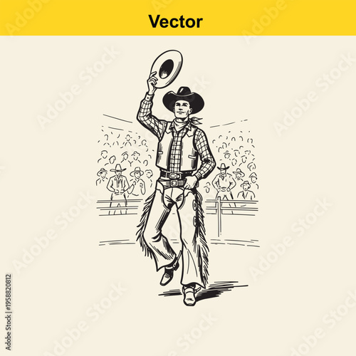 A vintage style black and white illustration of a cowboy tipping his hat in a crowded rodeo arena