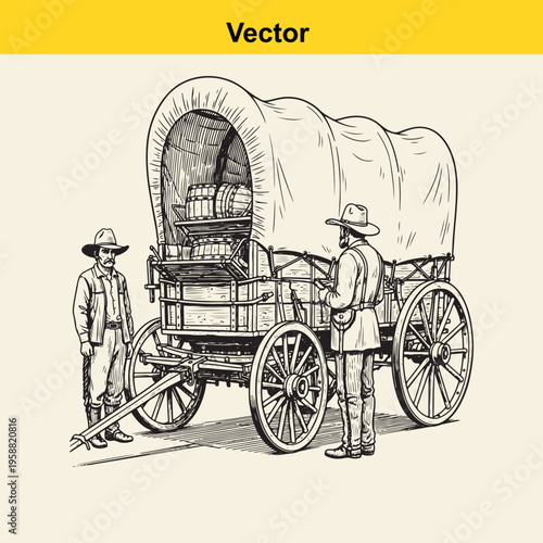 Vintage black and white illustration of two pioneers standing by a covered wagon in the wild west