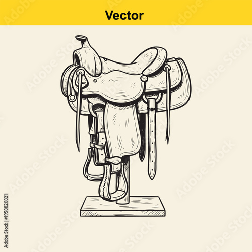 Detailed hand drawn illustration of a western style horse saddle sitting on a wooden display stand