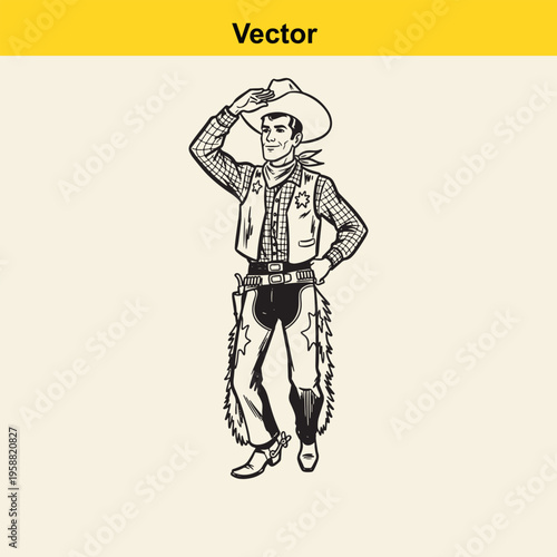 A vintage style black and white vector illustration of a friendly cowboy tipping his hat to you