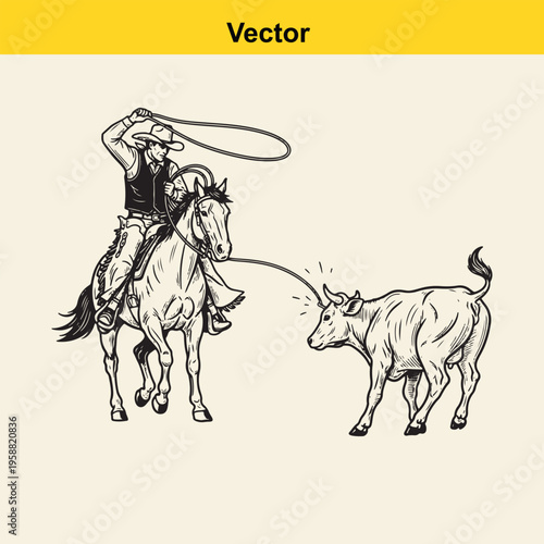 A black and white line art illustration of a cowboy riding a horse while lassoing a young calf