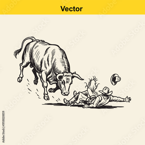 A black and white line art illustration of a powerful bull attacking a fallen cowboy in the arena