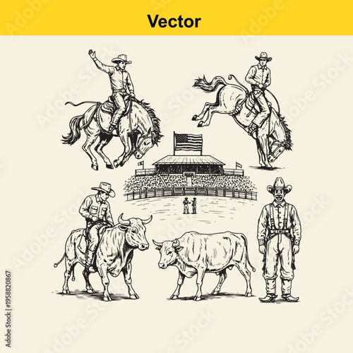 A collection of vintage style hand drawn rodeo illustrations featuring cowboys and bucking animals
