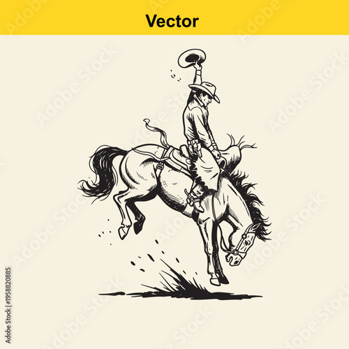 A detailed black and white illustration of a cowboy riding a bucking bronco horse in a rodeo